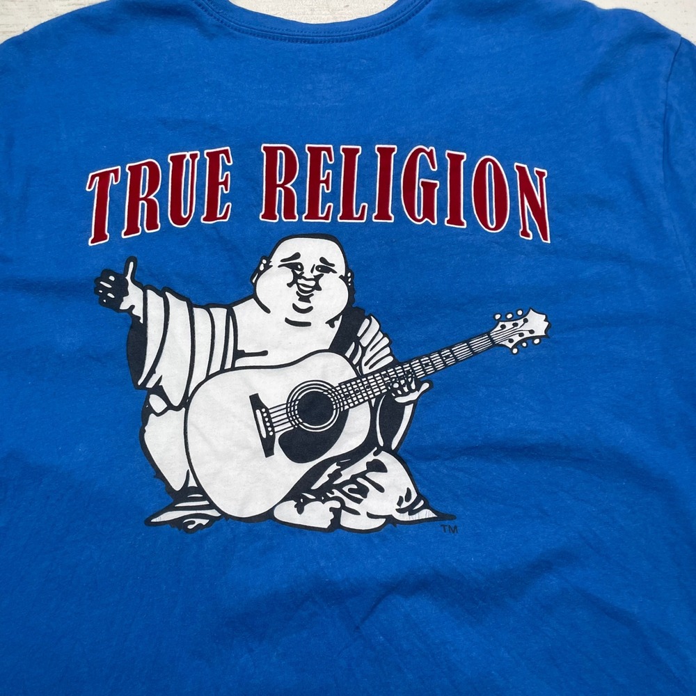 True Religion Mens XL Guitar Buddha World Tour Logo Graphic T-Shirt Festival Tee